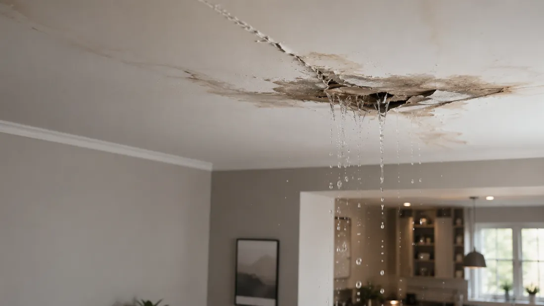 Water pouring through a cracked, water-stained living room ceiling during an escape-of-water emergency