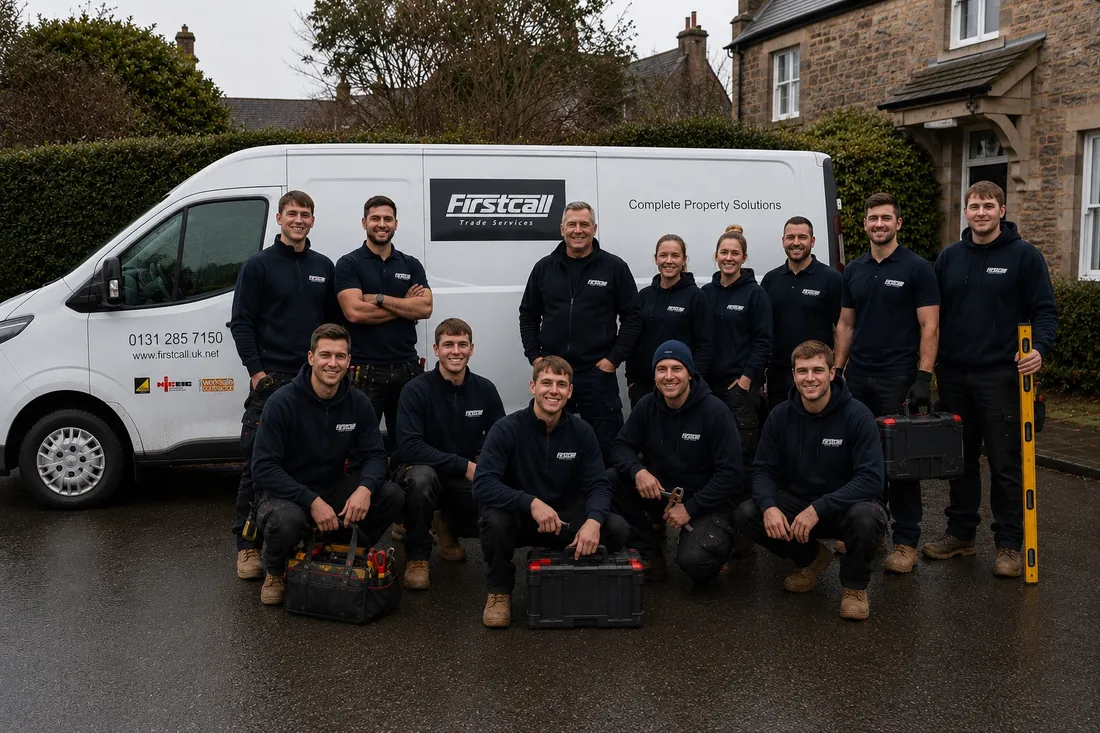 The Firstcall Trade Services team in branded workwear with tools in front of a branded van outside a house