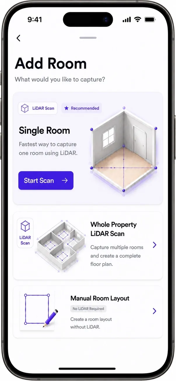 The Fixzy app's Add Room screen, offering a single-room LiDAR scan, whole-property LiDAR scan, or manual room layout