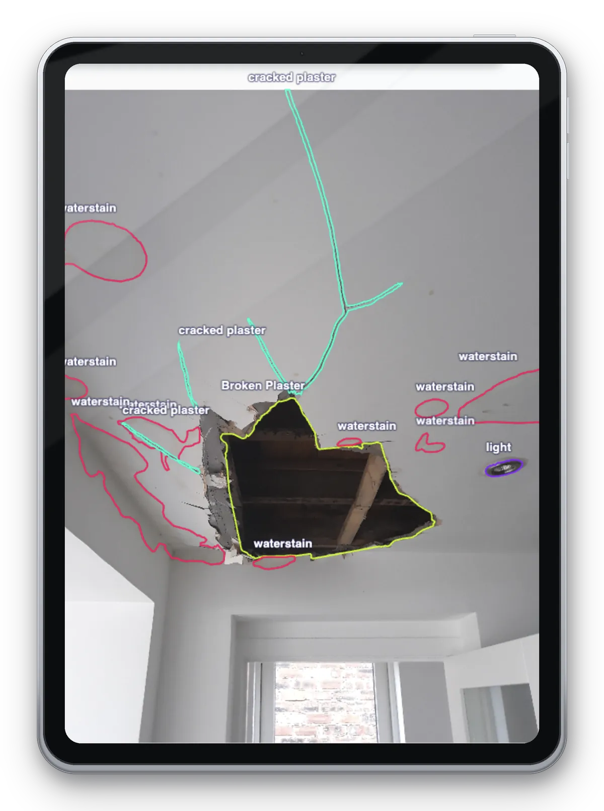 Fixzy AI damage detection scan of a ceiling on an iPad, automatically labelling cracked plaster, broken plaster and water staining