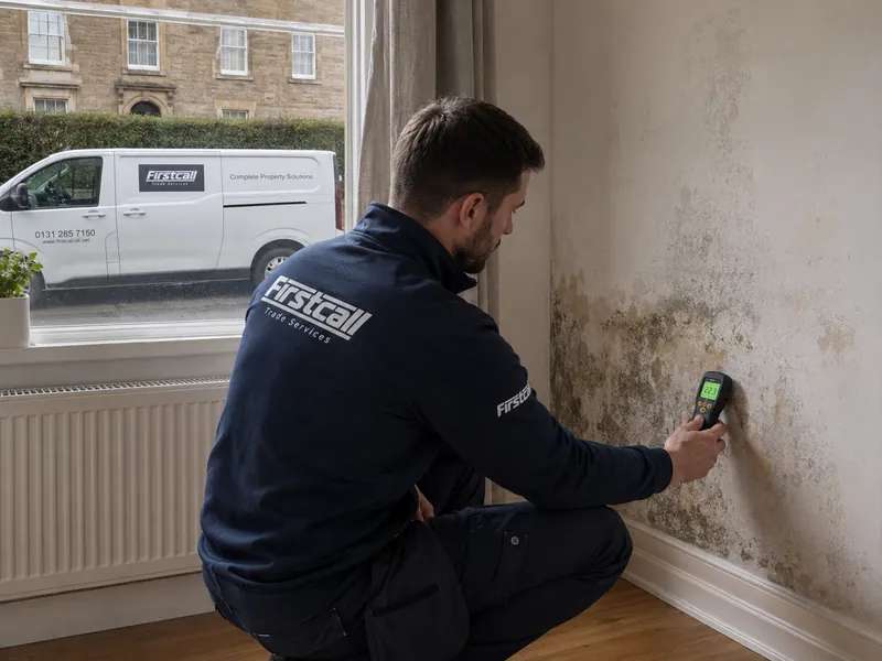 Firstcall surveyor testing damp levels on an internal wall