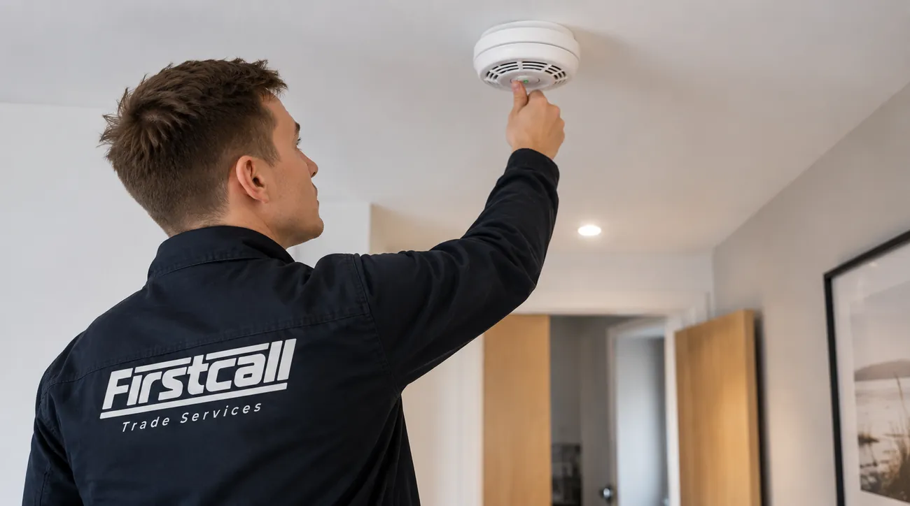 Firstcall engineer in branded workwear testing a ceiling smoke alarm during a planned maintenance visit