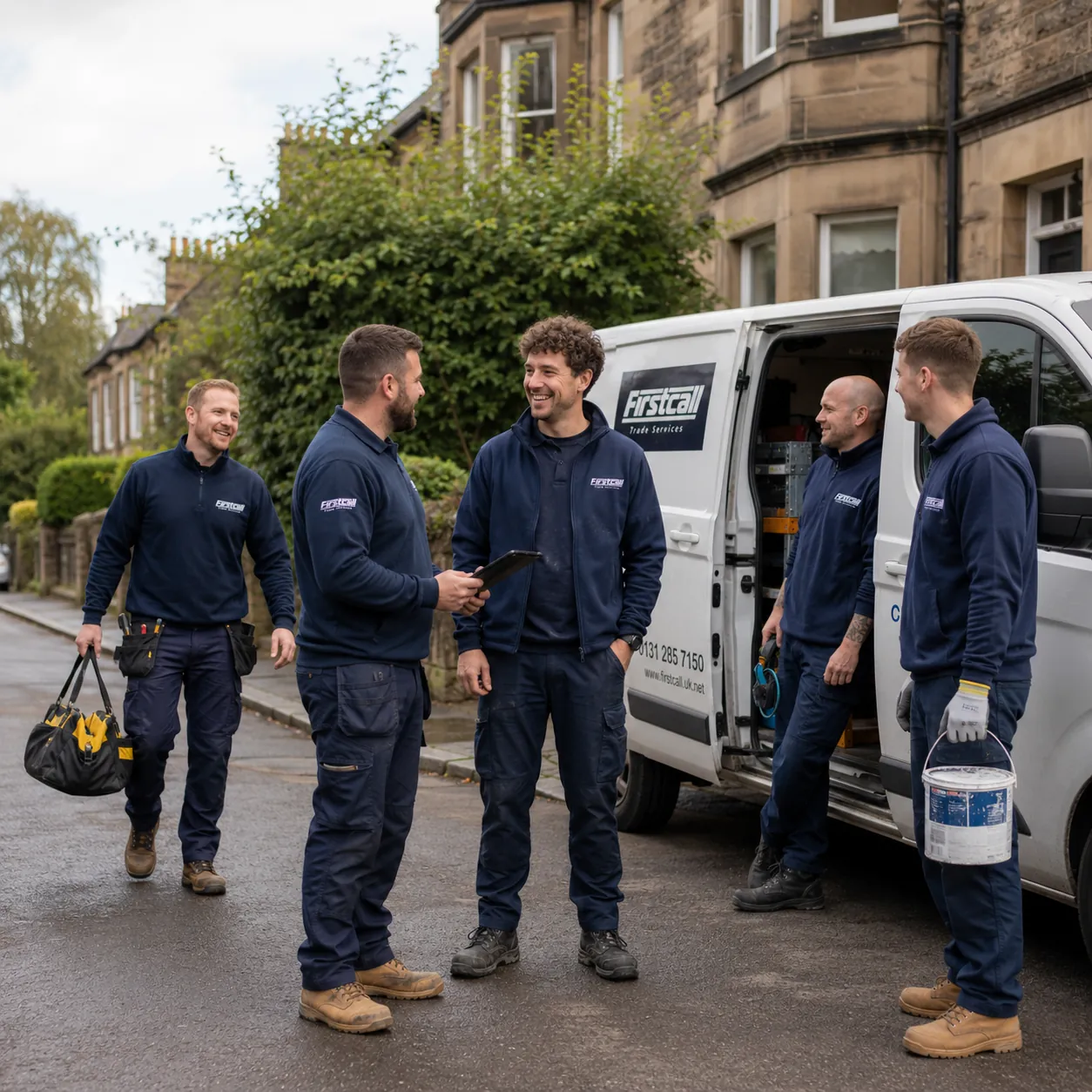 Firstcall trades team in branded workwear with tools beside a Firstcall Trade Services van on a residential street